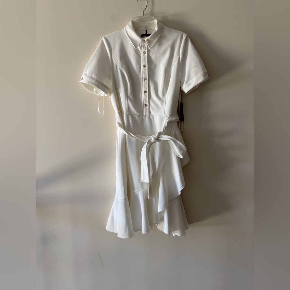 Tommy Hilfiger White Button-up Tie Front Collared Ruffle Mini Dress Size 10